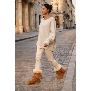 KOOLABURRA By UGG Sheepskin Fringe Ankle Boots Chestnut Fur Trim Sz 6 NEW